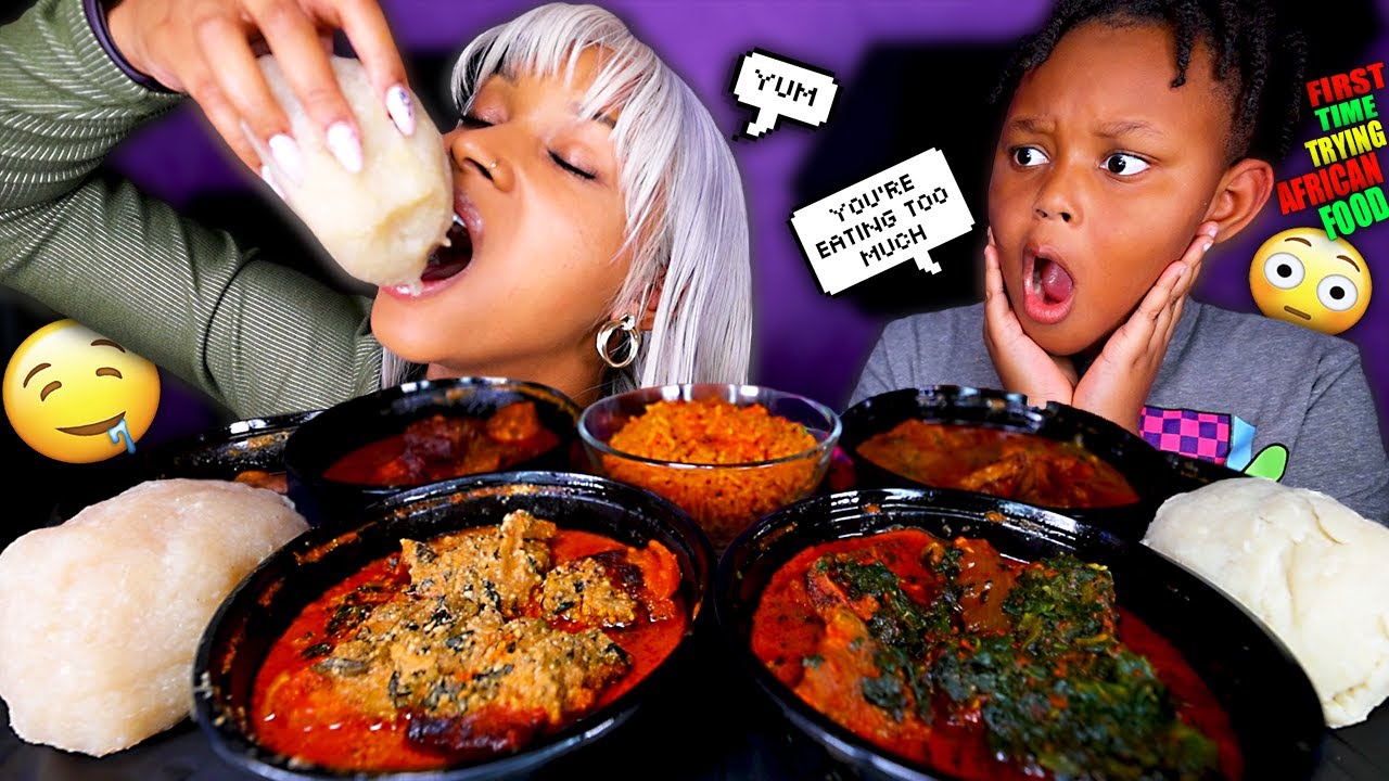 First Time Trying AFRICAN FOOD Mukbang ( FUFU EGUSI SOUP EFO RIRO & OGBONO SOUP ) QUEEN BEAST & JUJU