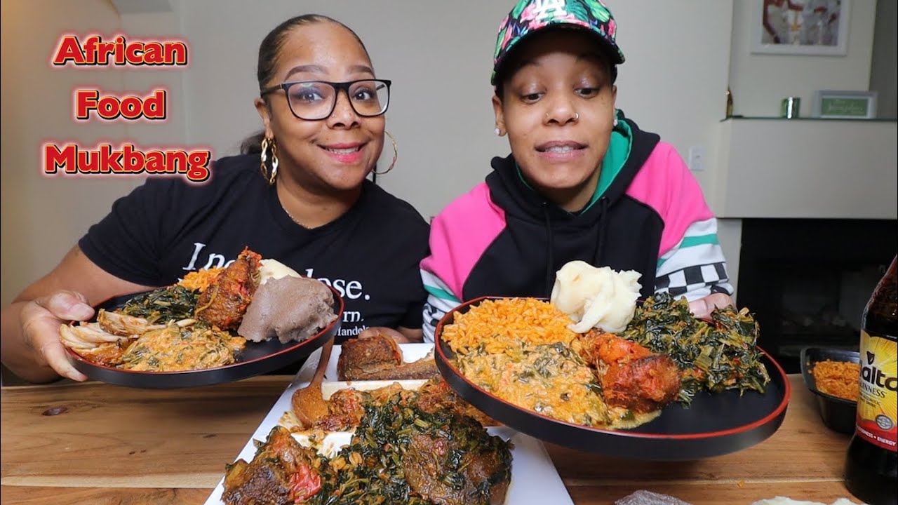 Trying African Food – Jollof Rice, Egusi Soup, Efo Riro, FuFu (Nigerian Food Mukbang)