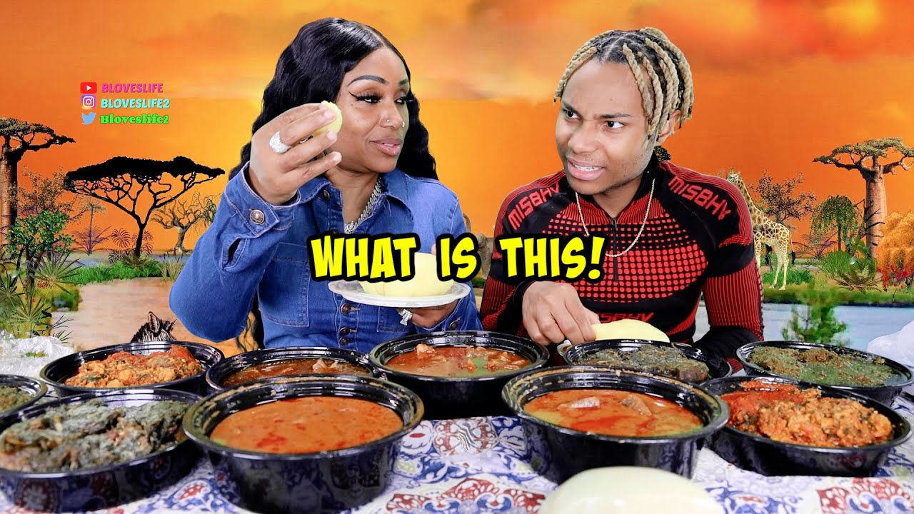 Darius Tastes African Food | Fufu, Egusi Soup, Cassava Leaves, Goat Pepper Soup, and Potato Leaf