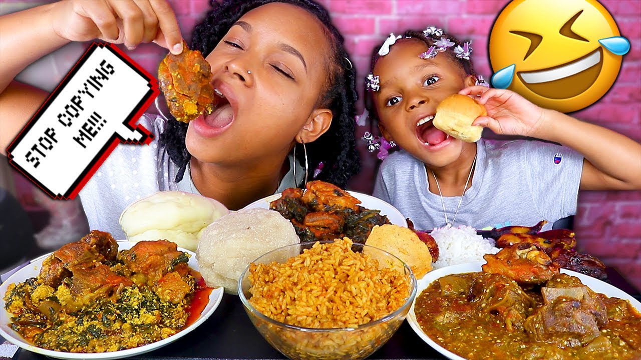 AFRICAN FOOD MUKBANG *HAND EATING* EGUSI SOUP, FUFU, JOLLOF RICE, MOIMOI + LAYLA COPYING QUEEN BEAST