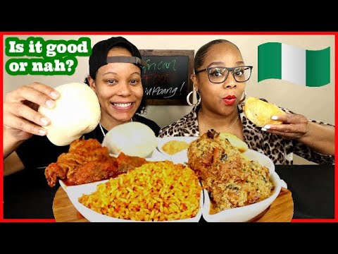 EATING AFRICAN FOOD FOR THE FIRST TIME! FUFU , JOLLOF RICE ,  EGUSI SOUP NIGERIAN FOOD MUKBANG