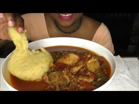 ASMR AFRICAN FOOD Spicy CHICKEN/SHAKI/TRIPE/GOAT MEAT/OKRA STEW & SLURPY FUFU/So Delicious! YUMMY