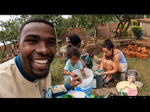 Village life in Africa Kenya my mom teaches my wife and daughter how to prepare typical African food