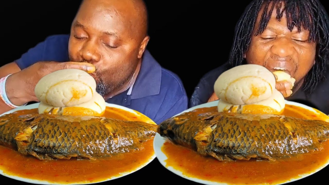 Asmr mukbang fish pepper soup and pounded yam fufu African food eating sound challenge