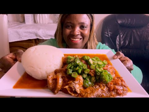 African Food mukbang/ Tomatoes soup Mixed with okra and fufu / mukbang bang / eating soft sounds.