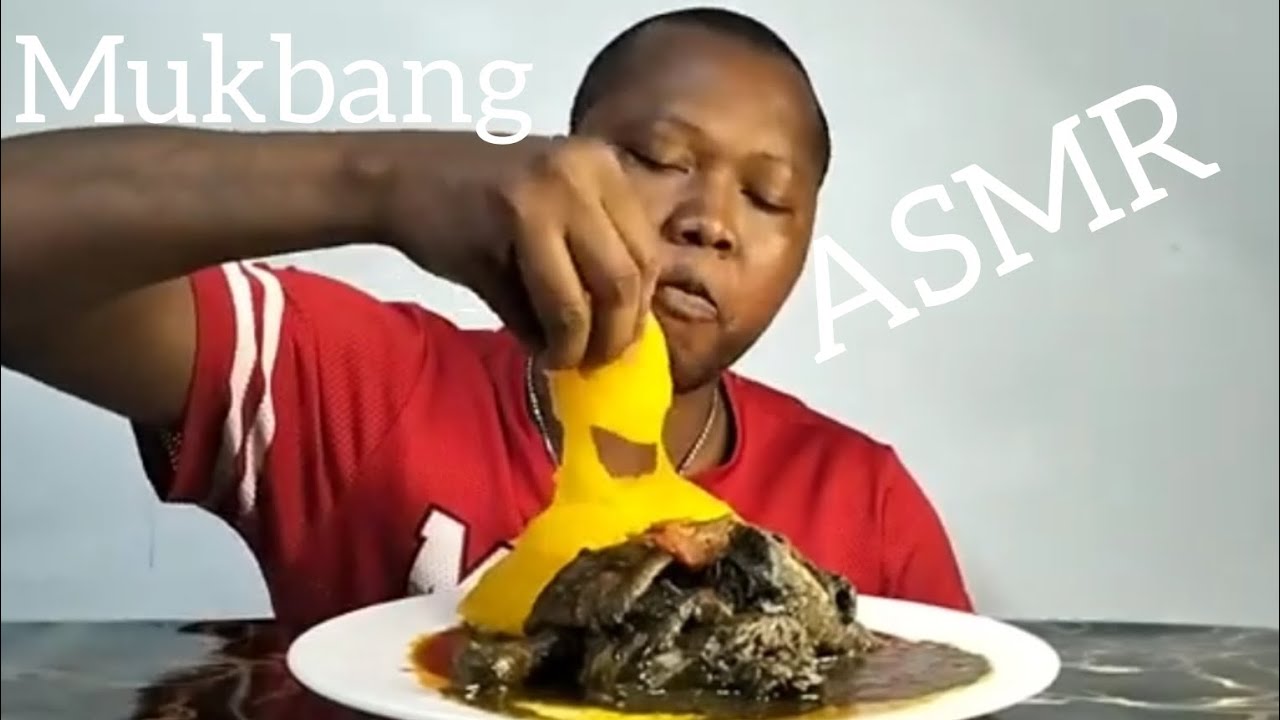 ASMR mukbang starch fufu with spicy chicken black soup African food mukbang