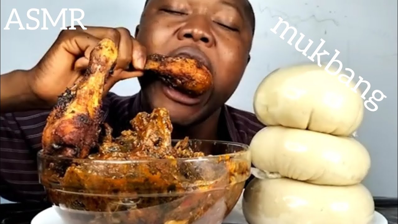 African food mukbang ASMR eating vegetables spinach soup with pounded yam fufu mukbang