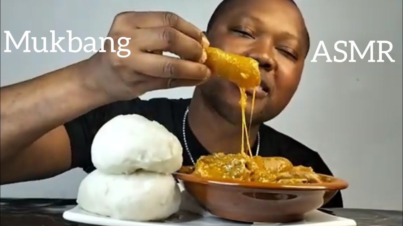 African food mukbang ASMR eating ogbono soup with pounded yam flour fufu mukbang