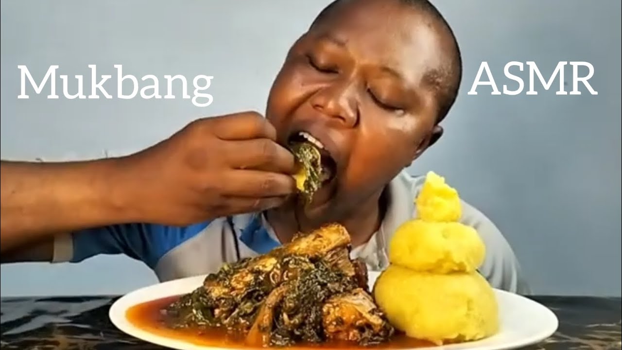 African food mukbang eating vegetables spinach soup with eba flour fufu mukbang