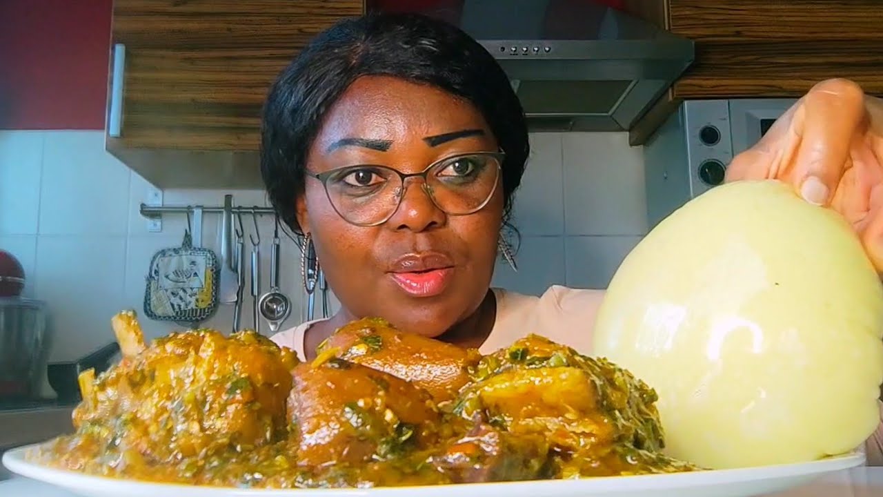 VEGETABLE OKRA SOUP, FUFU, ASMR, AFRICAN FOOD