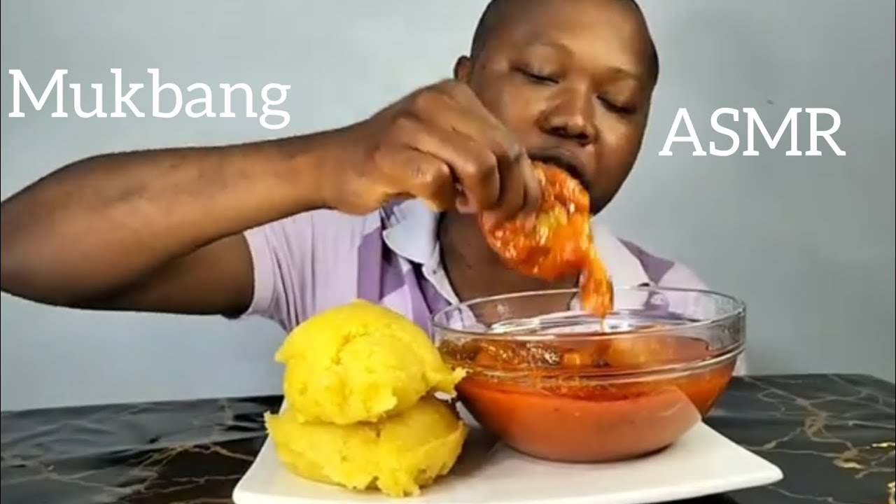 African food mukbang eating tomatoes stew soup with eba flour fufu mukbang