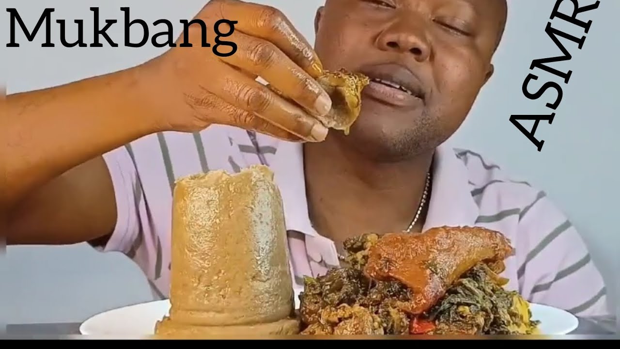 African food mukbang plantain fufu with vegetable/spinach soup mukbang