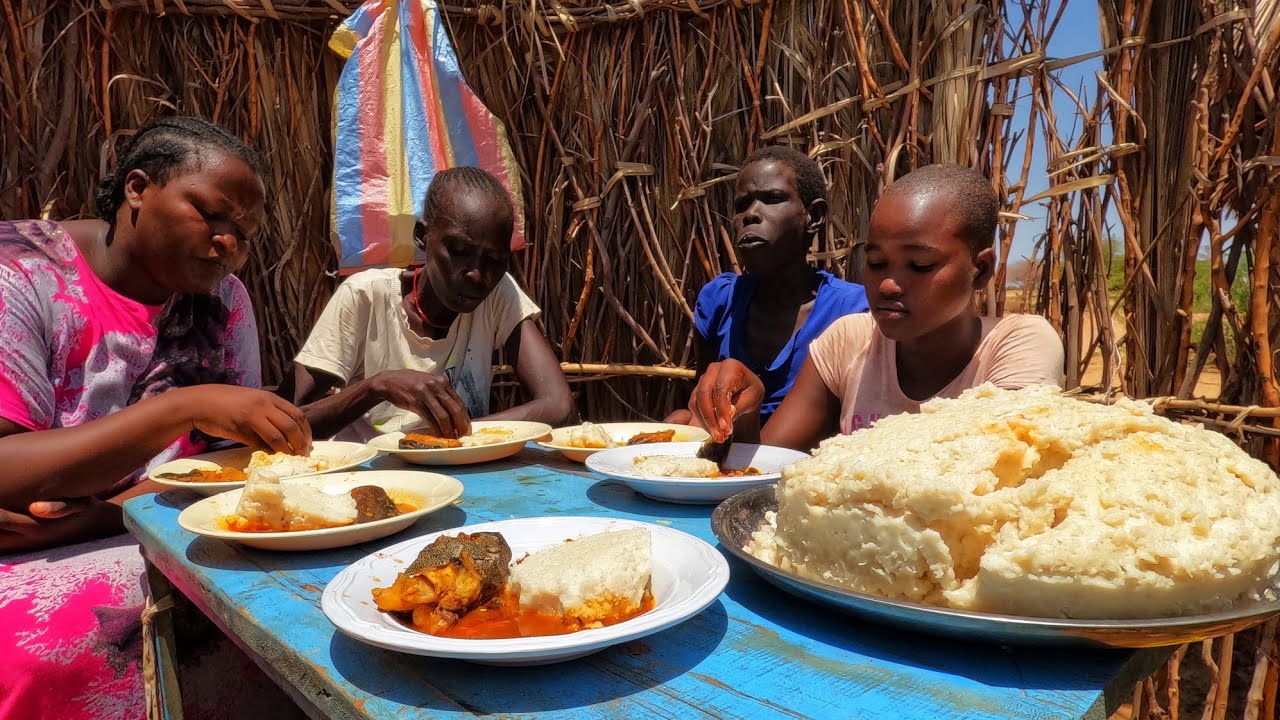 Cooking  African  Traditional village food for lunch//Okra stew with corn flour/African village life