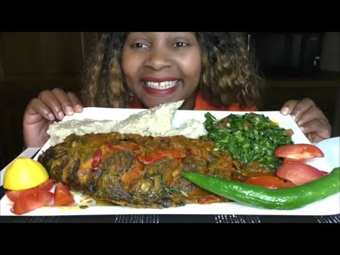 AFRICAN FOOD MUKBANG CREAMY SPICY TILAPIA/IN COCONUT STEW/SPINACH & UGALI/Delicious