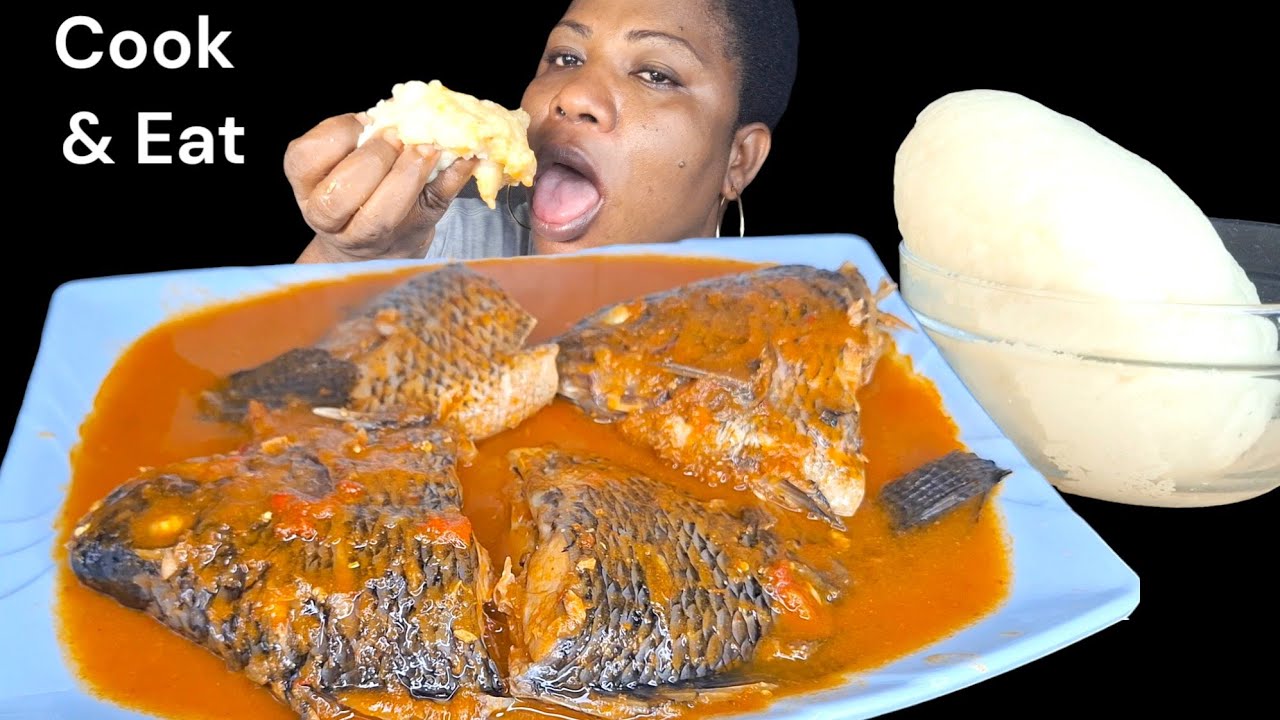 African food mukbang/ Cook & Eat with me pounded yam and tilapia fish pepper ( eating Sound ASMR)