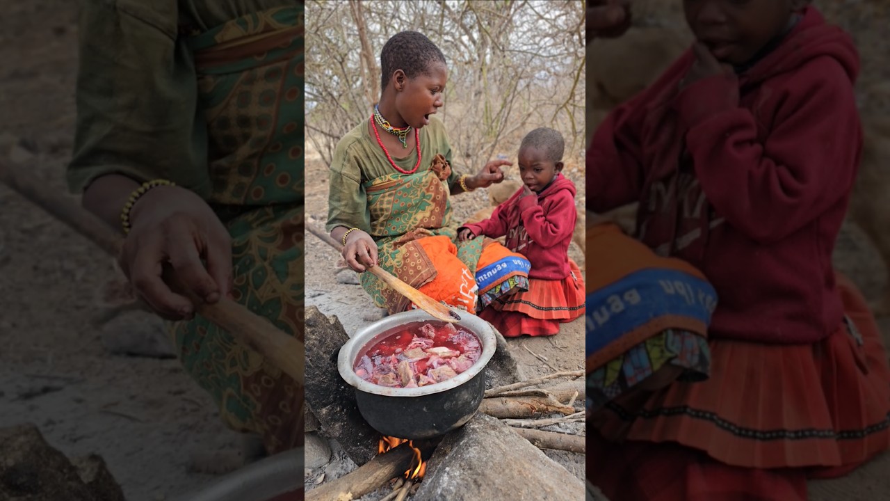 Hadzabe Mum Teaches Her Kid How To Cook Guinea Fowl For Breakfast#shortsfeed #hadzabetribe