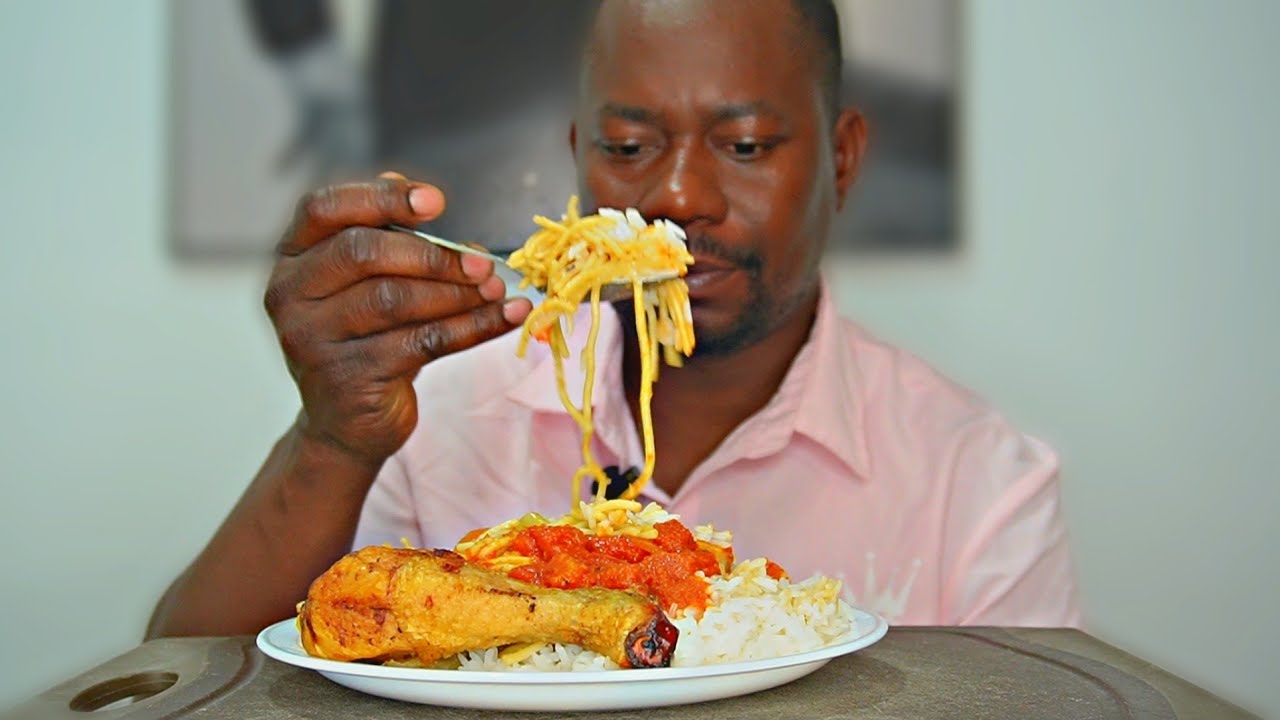 Rice With Spaghetti, Stew and Chicken Mukbang, African Food Mukbang, #ASMR